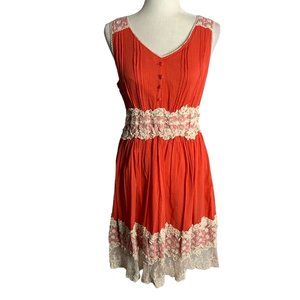 Vasna Fit N Flare Cotton Lace Dress L Coral Orange V Neck Lined Boho Knee Length